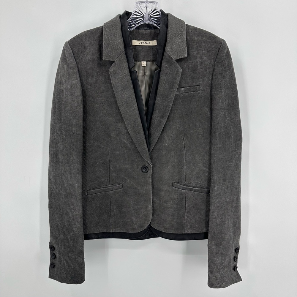 J Brand Zooey Blazer Linen Leather Trim Slate Gray Black Size 4